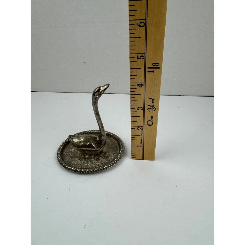 Vintage Silver Tone Swan Ring Holder Engraved Floral Base Jewelry Dish 4 Inch